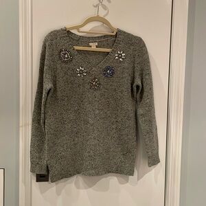 J. Crew Lambswool Jeweled V-Neck Sweater - Gray - Size Small